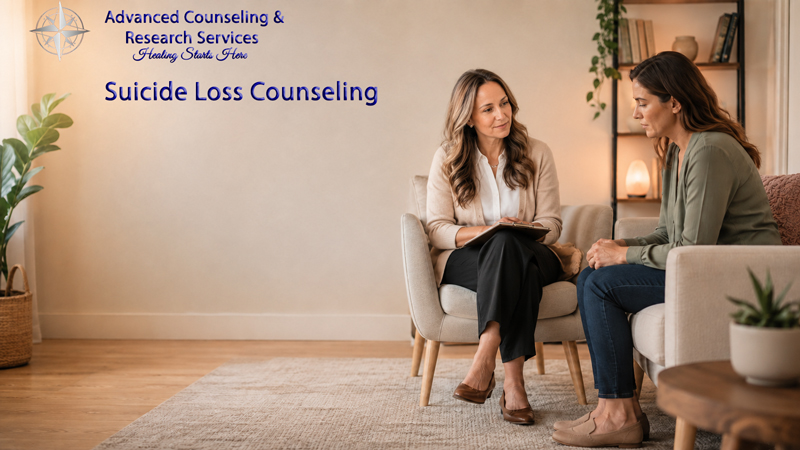 A counselor and client sitting together in a calm therapy office during a suicide loss counseling session in Pennsylvania