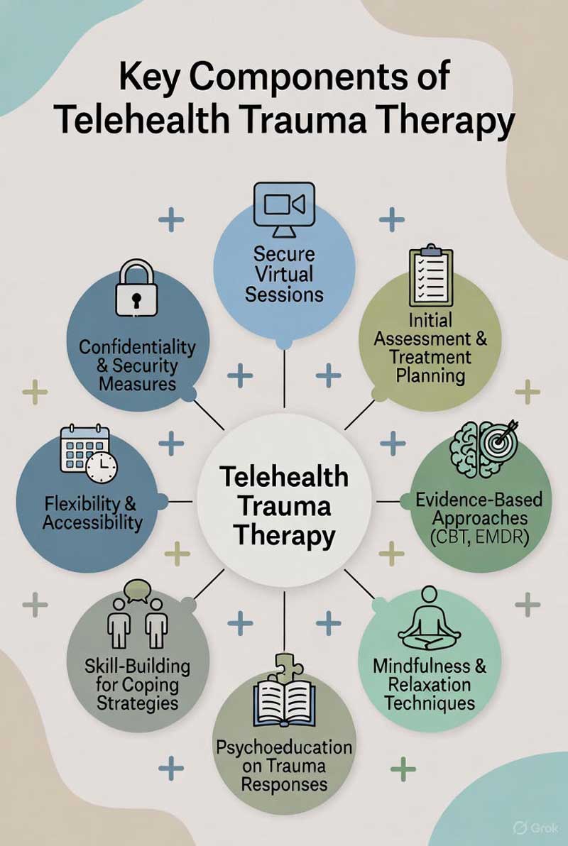 Infographic showing Key Components of Telehealth Trauma Therapy