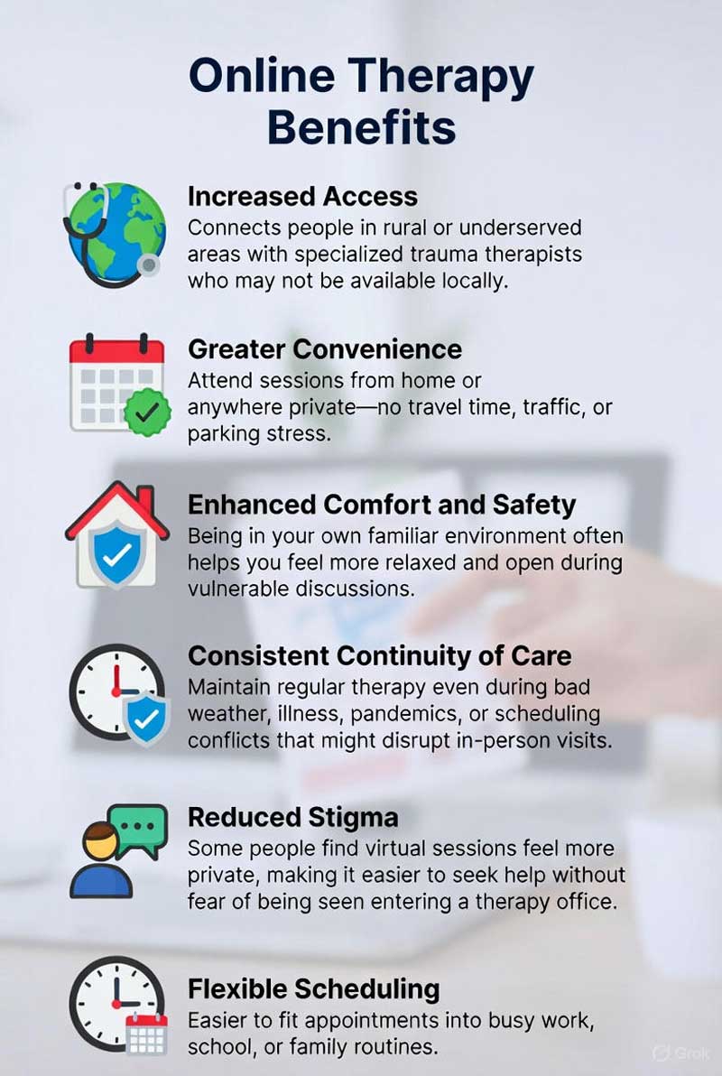 Infographic showing the Benefits of Telehealth Trauma Therapy