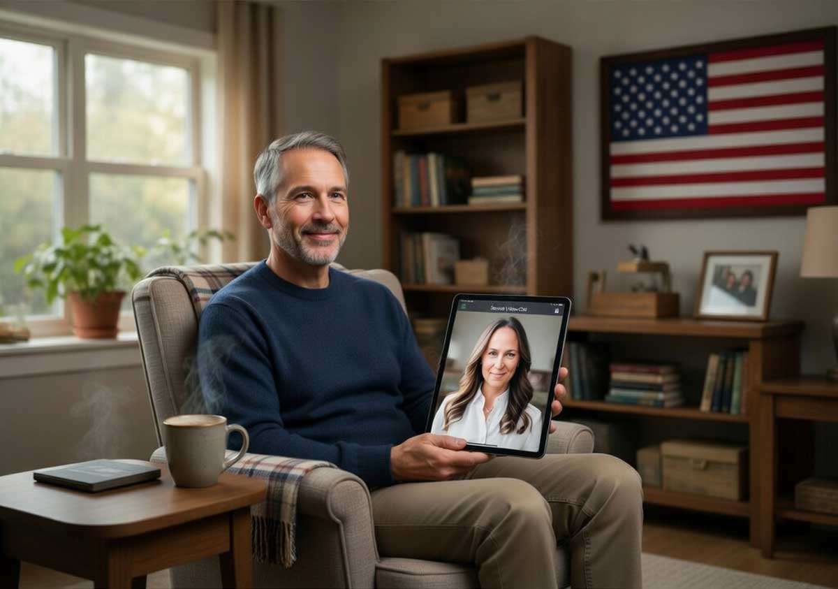 Veteran participating in secure telehealth PTSD therapy from home in Pennsylvania or Florida